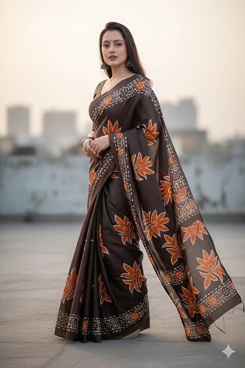 Side profile of a model wearing a rich brown dola silk saree with striking orange floral batik motifs.
