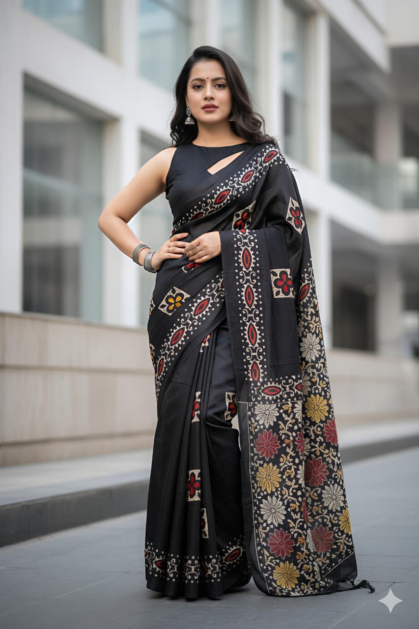 Model in a black dola silk saree with an elaborate multi-color floral batik border, modern urban background.