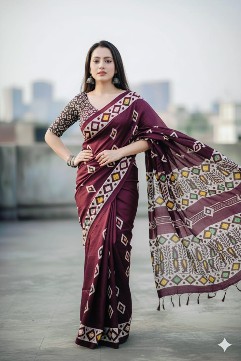 Model presenting a deep purple dola silk saree with bold geometric batik designs, outdoors at dusk.