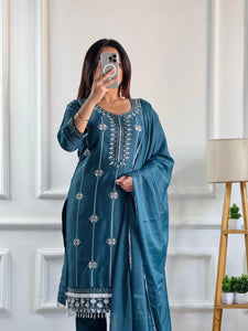 TRENDBUY New Designer Party Wear Teal Georgette Suit Set with Moti Embroidery & Dupatta