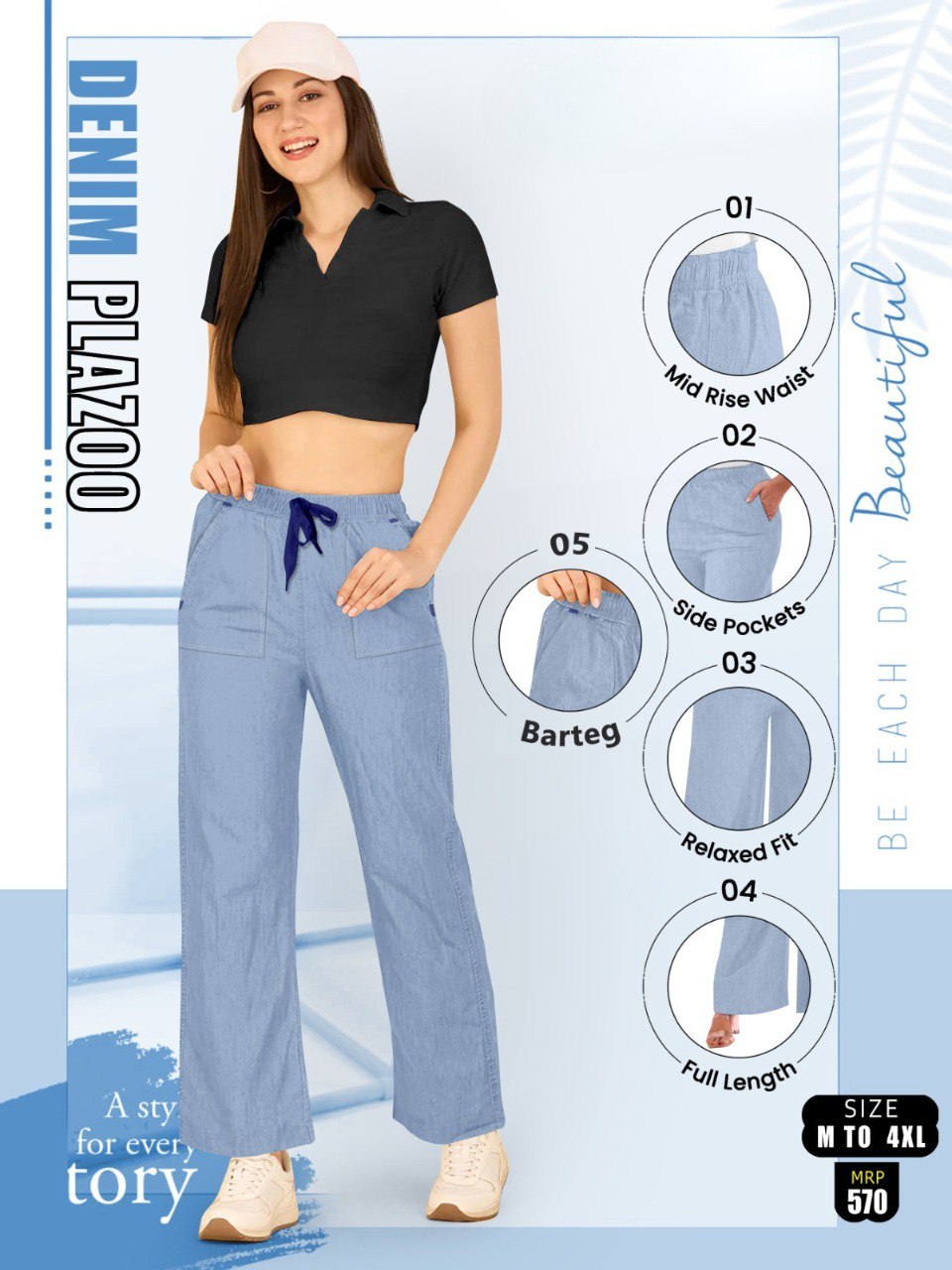 Model in light blue denim plazoo pants, showcasing mid-rise waist and side pockets.