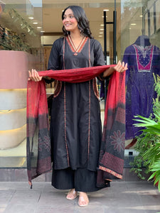 TRENDBUY Elegant Black Banana Silk Festival Kurta Plazo Dupatta Set for Women