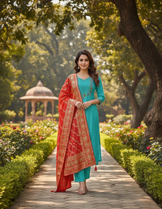 TRENDBUY Premium Roman Silk Kurti Set | Handwork & Jacquard Dupatta | M-3XL