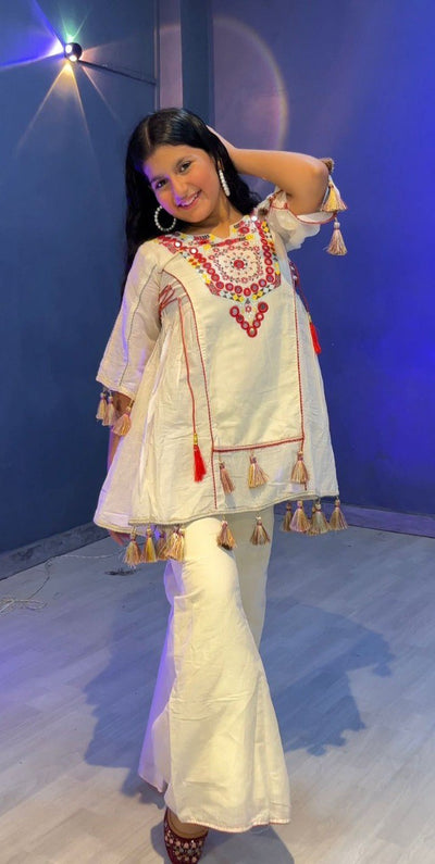 Girls Pure Khadi Cotton Embroidered Plazzo Set with Mirror & Tassels