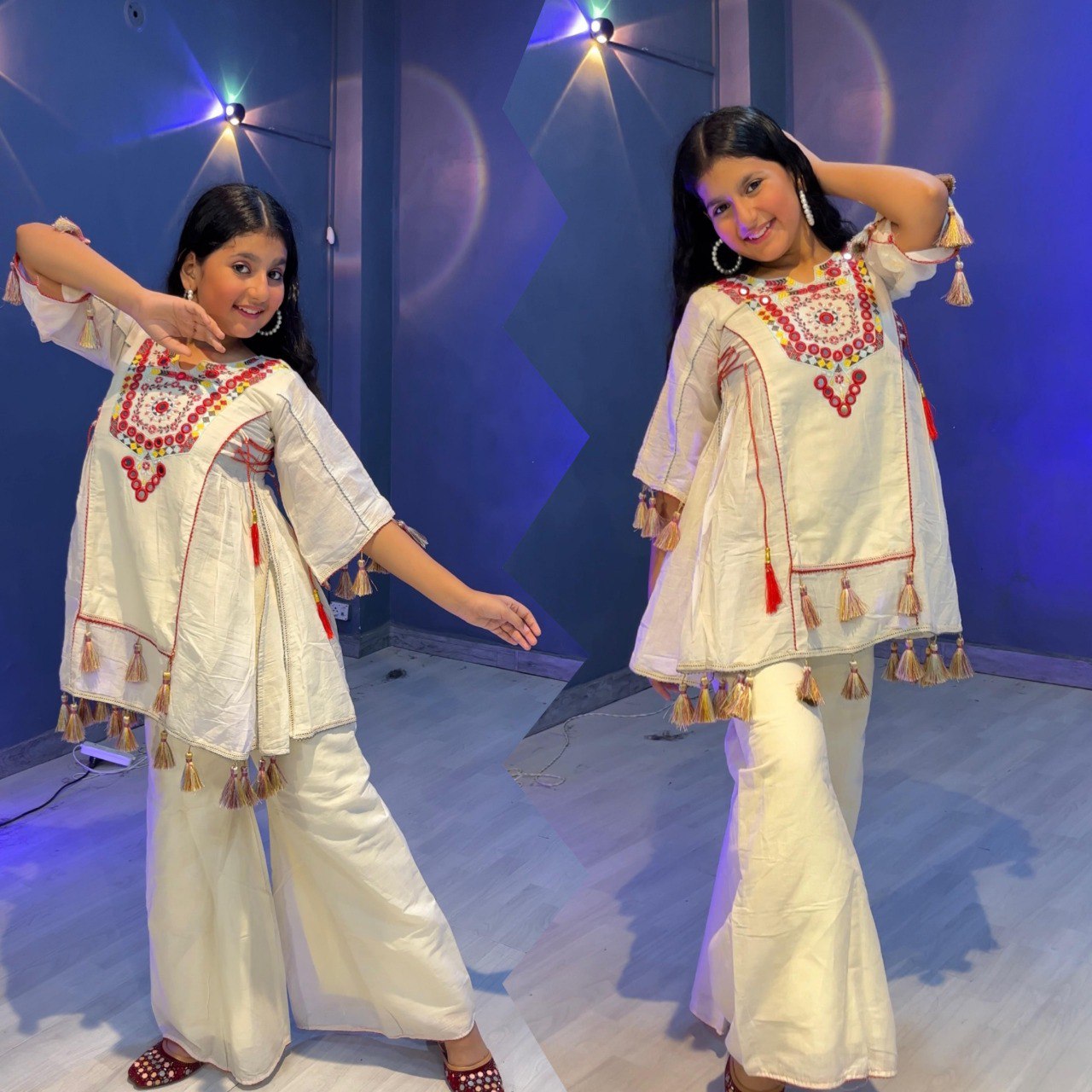 Double image of a girl in the khadi cotton embroidered outfit, striking two different playful poses against blue.