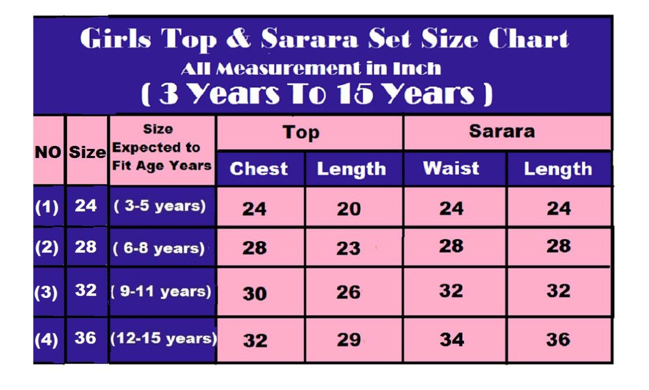 Size chart for Girls Top & Sarara Set, displaying measurements in inches for ages 3 to 15 years.