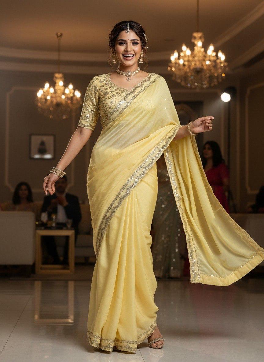Model smiling and posing gracefully in a light yellow Moss Chiffon saree with sequined border and embroidered blouse, in a luxurious event setting.