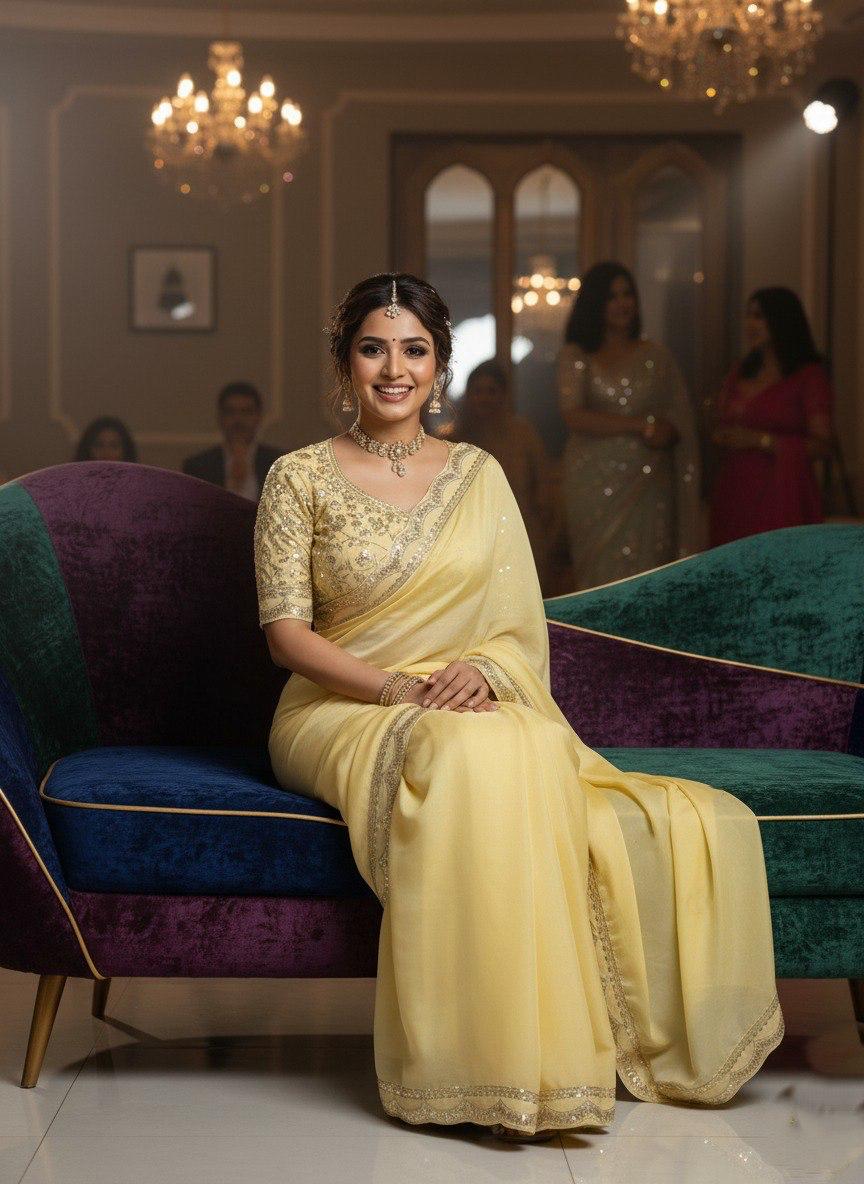 Model sitting elegantly on a vibrant patterned couch, smiling, wearing the light yellow Moss Chiffon saree with sequin work and matching jewelry, in a sophisticated interior.