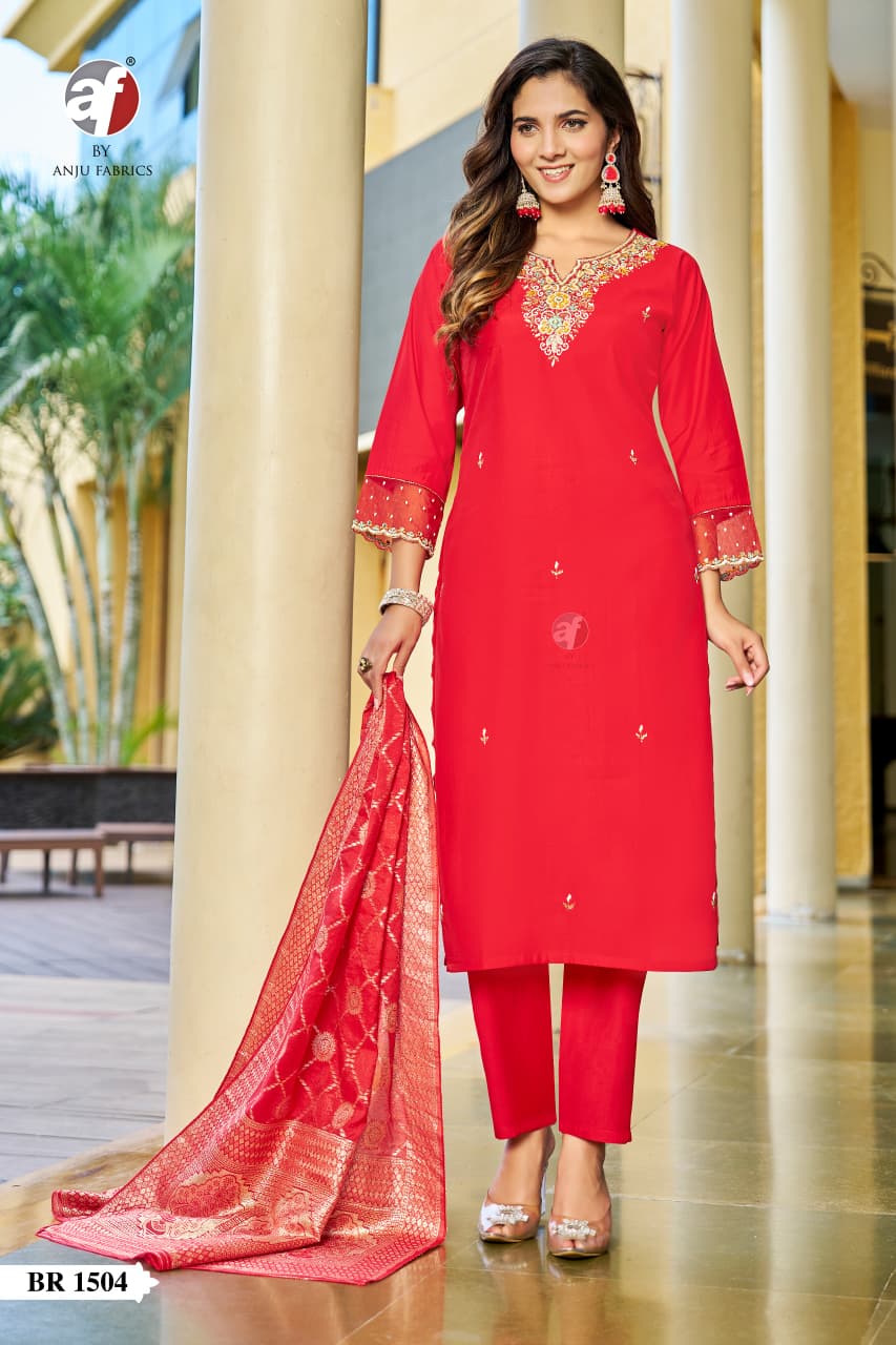 Model in elegant red Modal Silk Kurti Pant set (BR 1504), showcasing pure heavy handwork neckline and flowing jacquard dupatta.