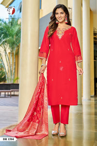 TRENDBUY New Design Red Modal Silk Kurti Pant Set with Heavy Jacquard Dupatta & Pure Handwork