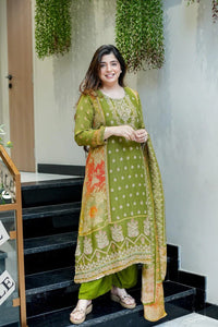 TRENDBUY Luxurious Chinon Embroidered Kurti Set for Women | Hand Work Neck Design & Aline Flare | Festive & Wedding Ready 3-Piece Outfit