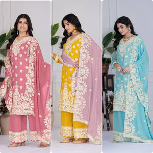 TRENDBUY Designer Faux Georgette Palazzo Suit Set with Real Mirror & Sequin Embroidery - Party Wear Collection