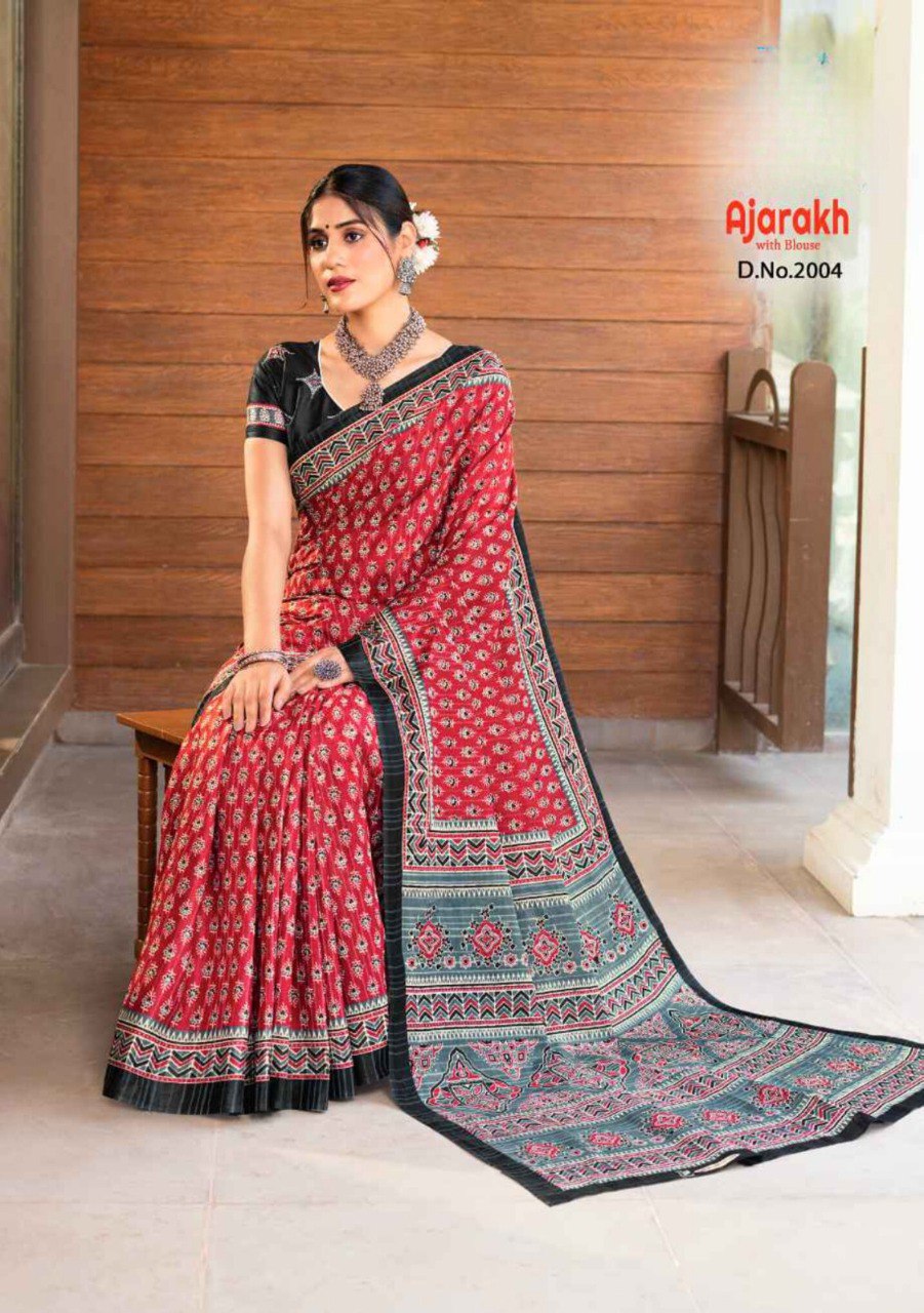 TRENDBUY Ajarakh Mul Cotton Saree, Design 2004, vibrant red with black border and blue-black Ajarakh motifs.