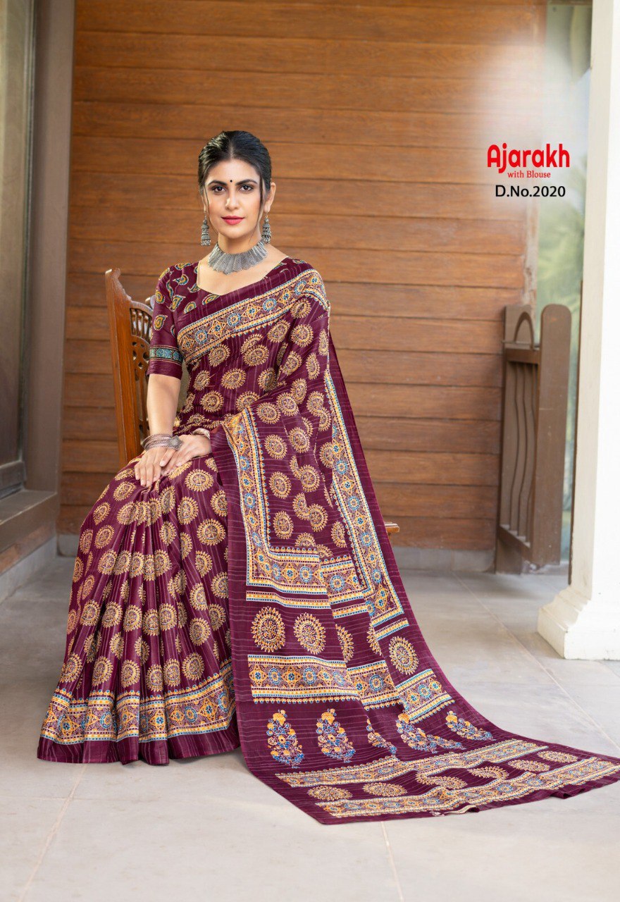 TRENDBUY Ajarakh Mul Cotton Saree, Design 2020, rich burgundy with golden and blue circular motifs.
