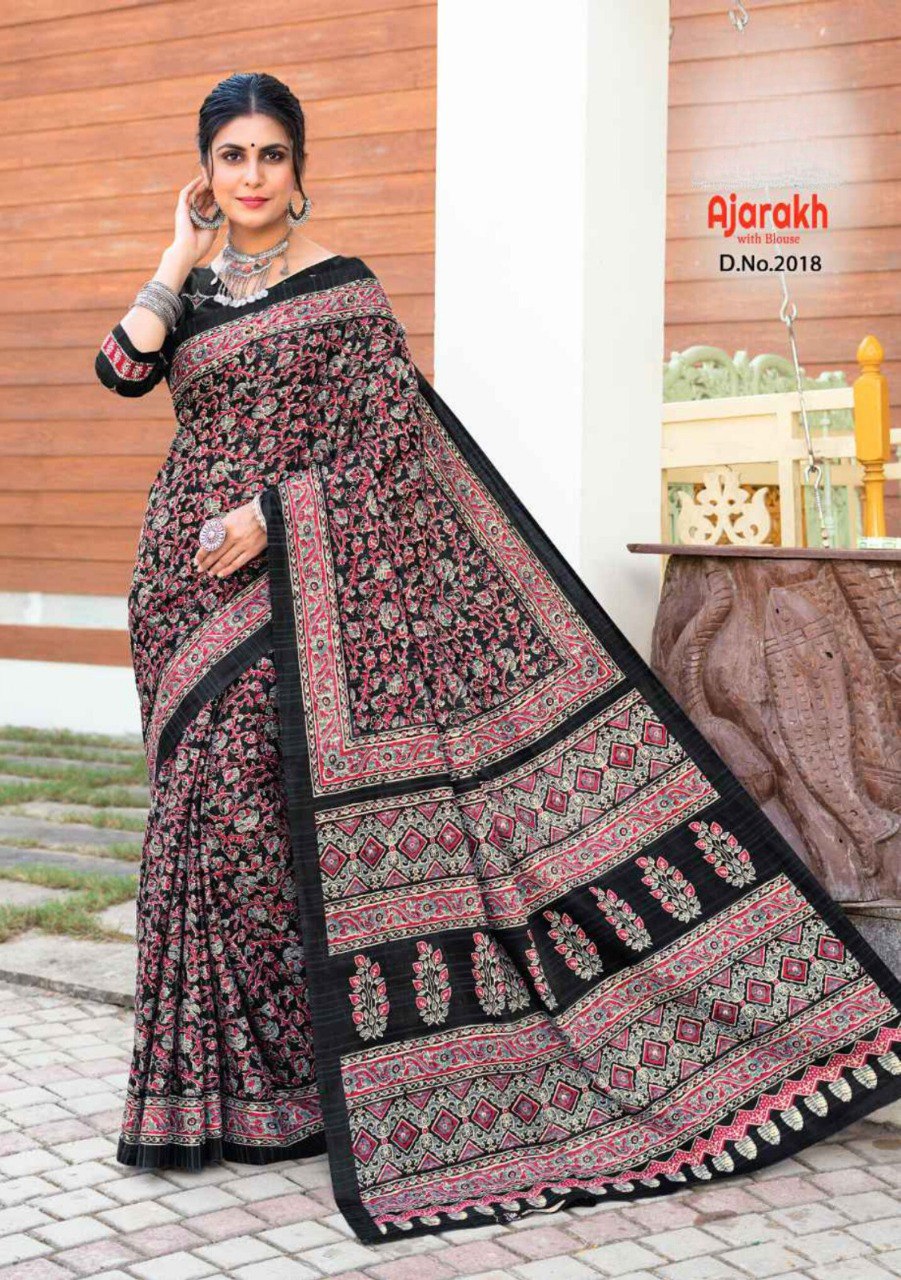 TRENDBUY Ajarakh Mul Cotton Saree, Design 2018, classic black with pink, white, and red intricate Ajarakh prints.