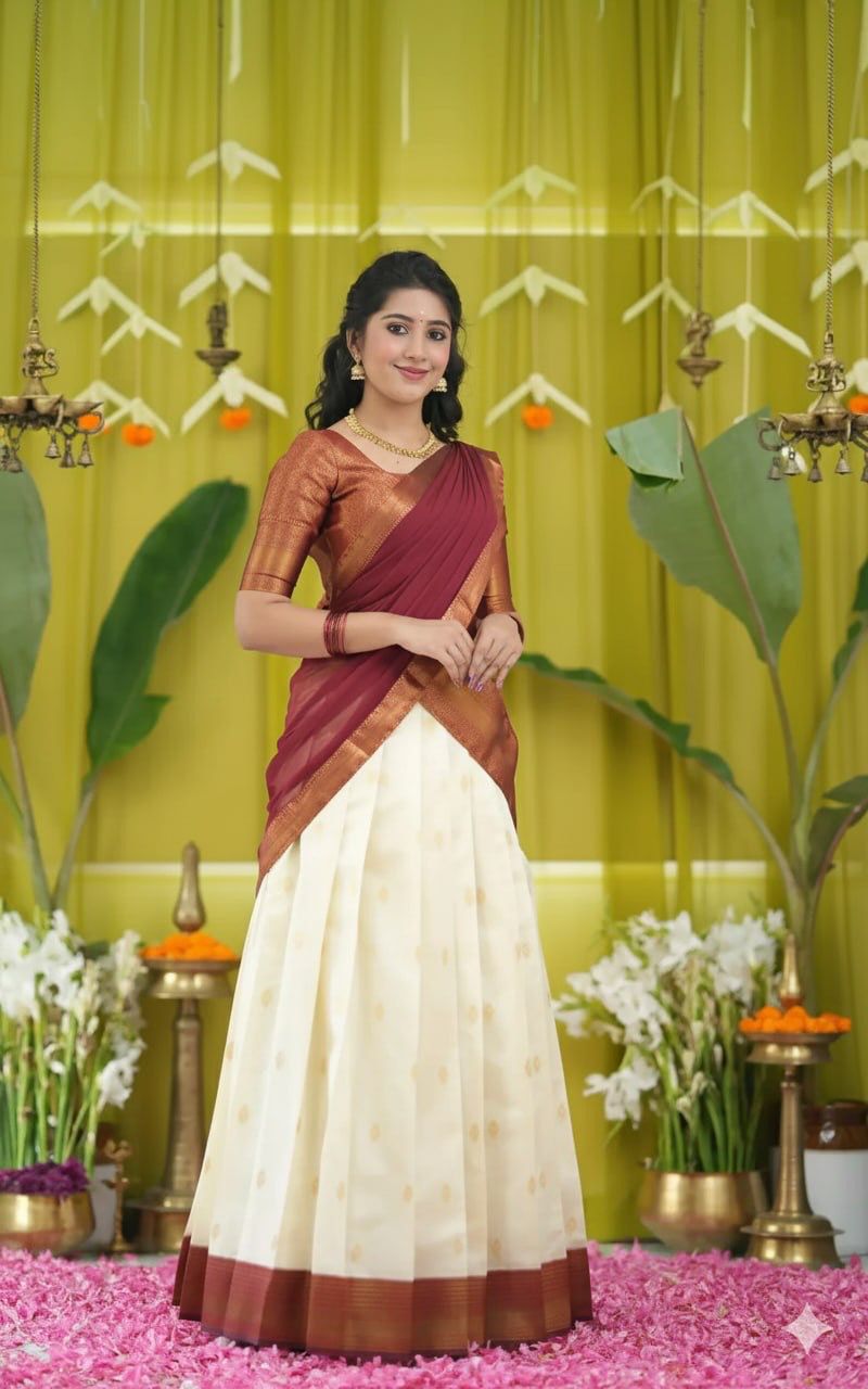 TRENDBUY Kanjiveram Silk half saree lehenga set in maroon with gold zari, worn by a model in a traditional Indian festive setting.