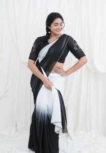 TRENDBUY Digital Print Linen Saree with Cut Work Border - Multi-Color Ombre & Classic Black