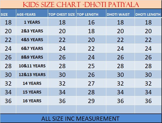 Detailed size chart for the kids dhoti patiala set, sizes 18 to 36 for ages 1 to 16 years