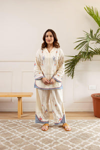 Premium Off-White Cotton 60*60 Embroidered Co-ord Set - Elegant Indo-Western Fusion Wear