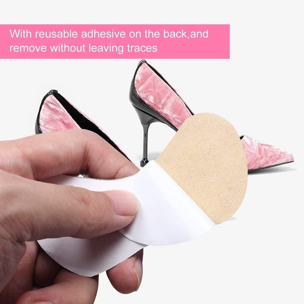 Reusable adhesive patch being applied to a high-heeled shoe with text on a white background