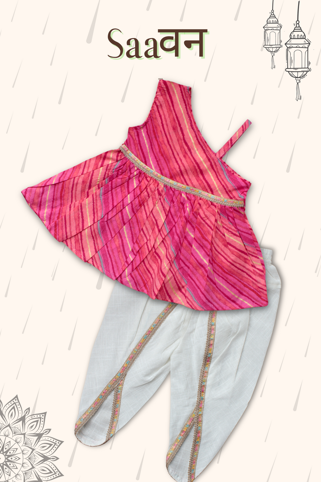 Girls Saavan pure cotton ethnic clothing set, pink Leheriya pattern.