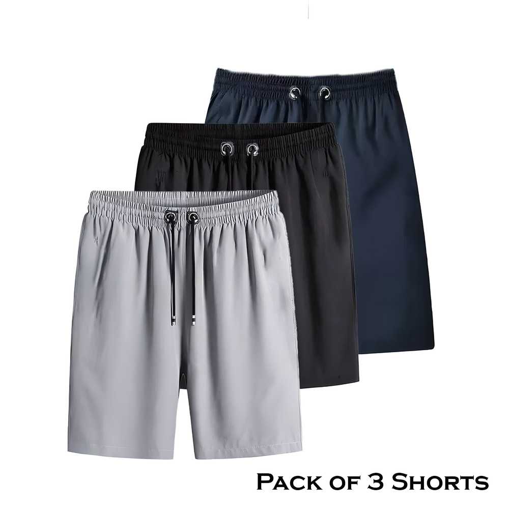 Combo of 3 men's cotton polyester shorts in grey, dark grey, and navy blue