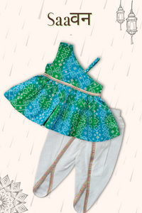 Girls Saavan Pure Cotton Ethnic Clothing set - Blue Green Bandhej | TRENDBUY