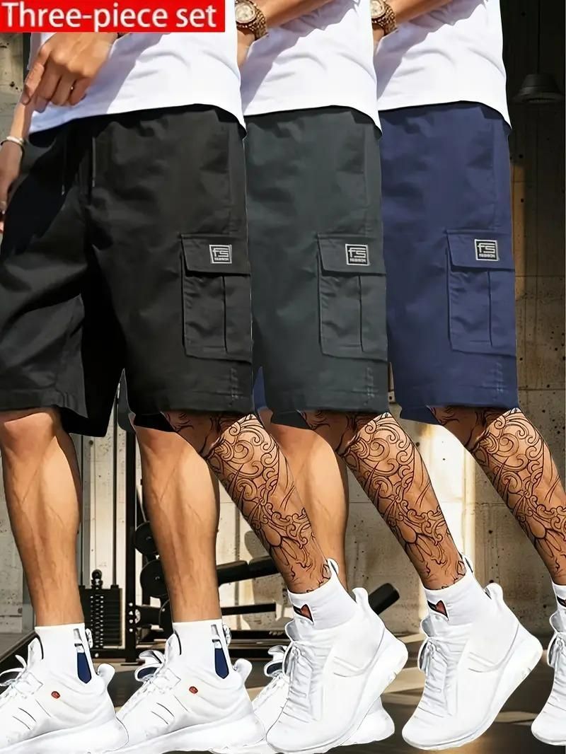 Models wearing the pack of 3 men's cotton casual cargo shorts in black, grey, and navy blue