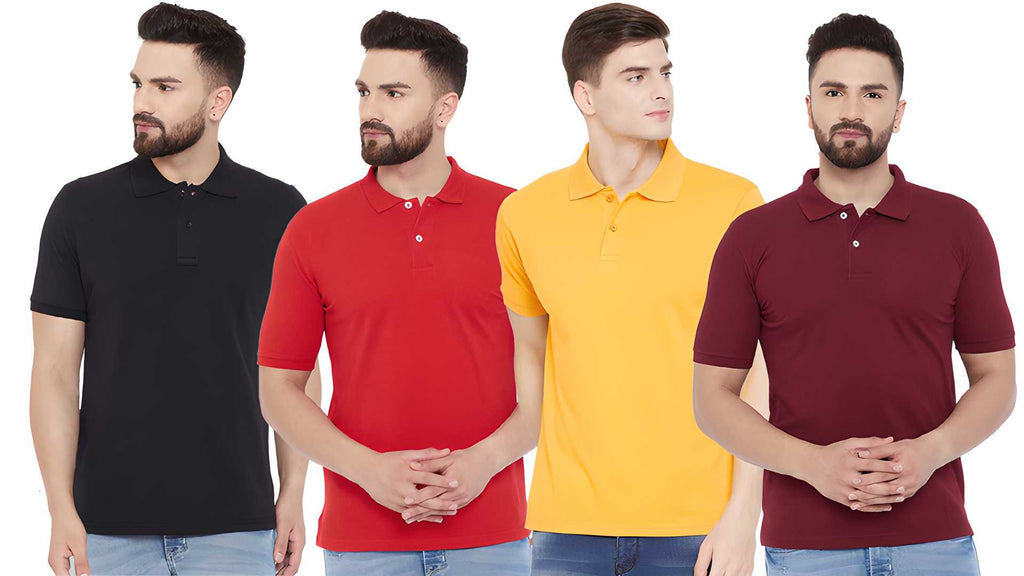Pack of 4 cotton blend solid half sleeves mens polo t-shirts, assorted colors.