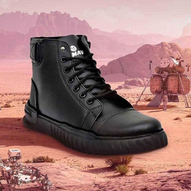 Black boot with 'Mav' branding on a desert landscape with futuristic vehicles.