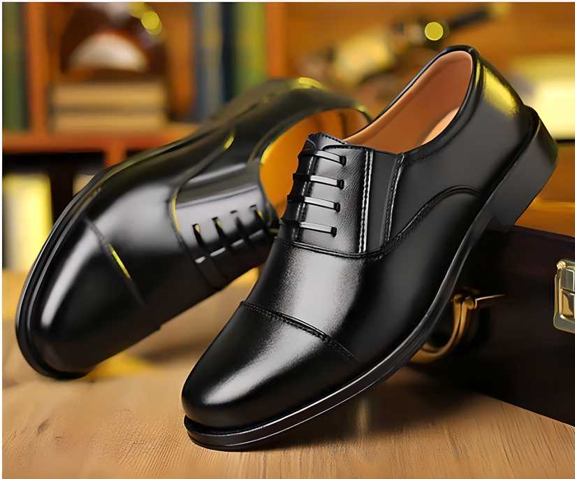 Black leather dress shoes on a wooden surface with a blurred background