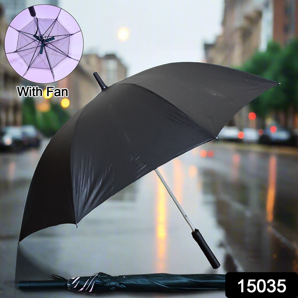 Black sun umbrella with internal fan and power bank in the handle, ideal for summer.