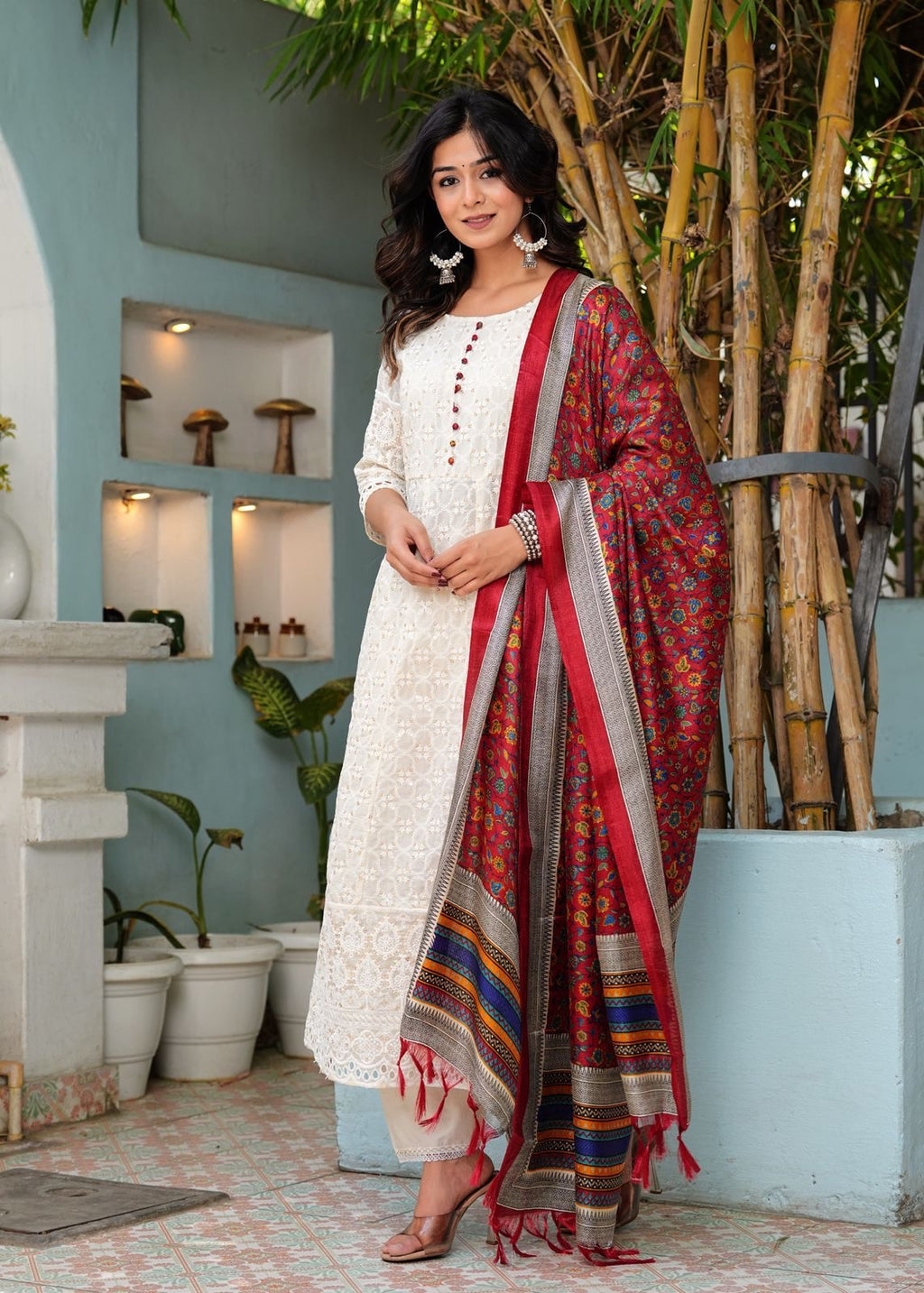 New Chikankari Design Set - Anarkali Kurti with Dupatta and Pant