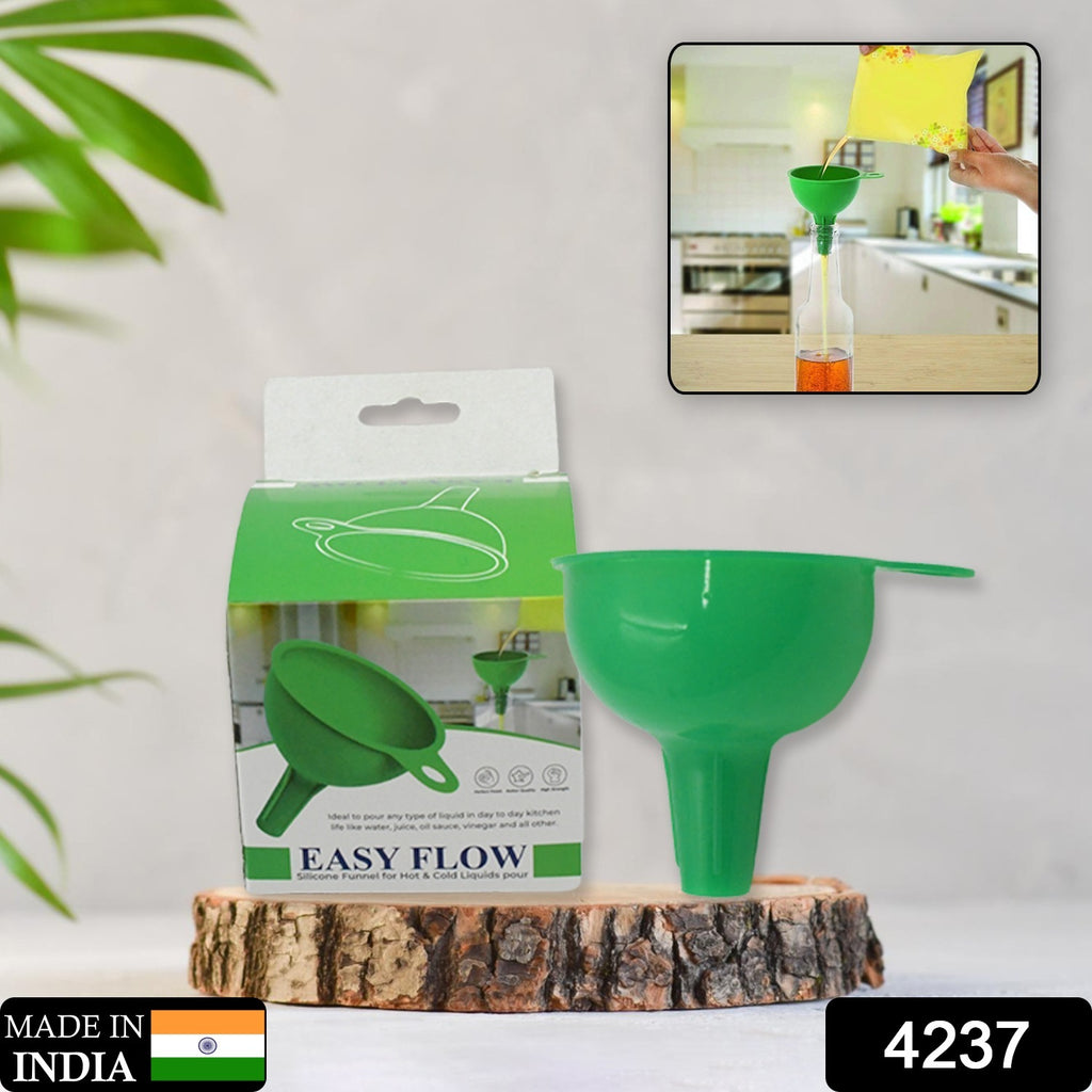Collapsible green food-grade silicone funnel for pouring oil, sauces, juice, and grains.