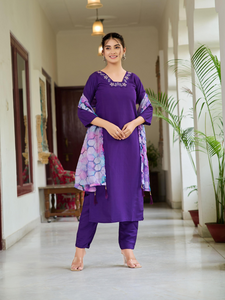 Cotton Purple Kurta Set for Women with Printed Tabi Silk Dupatta