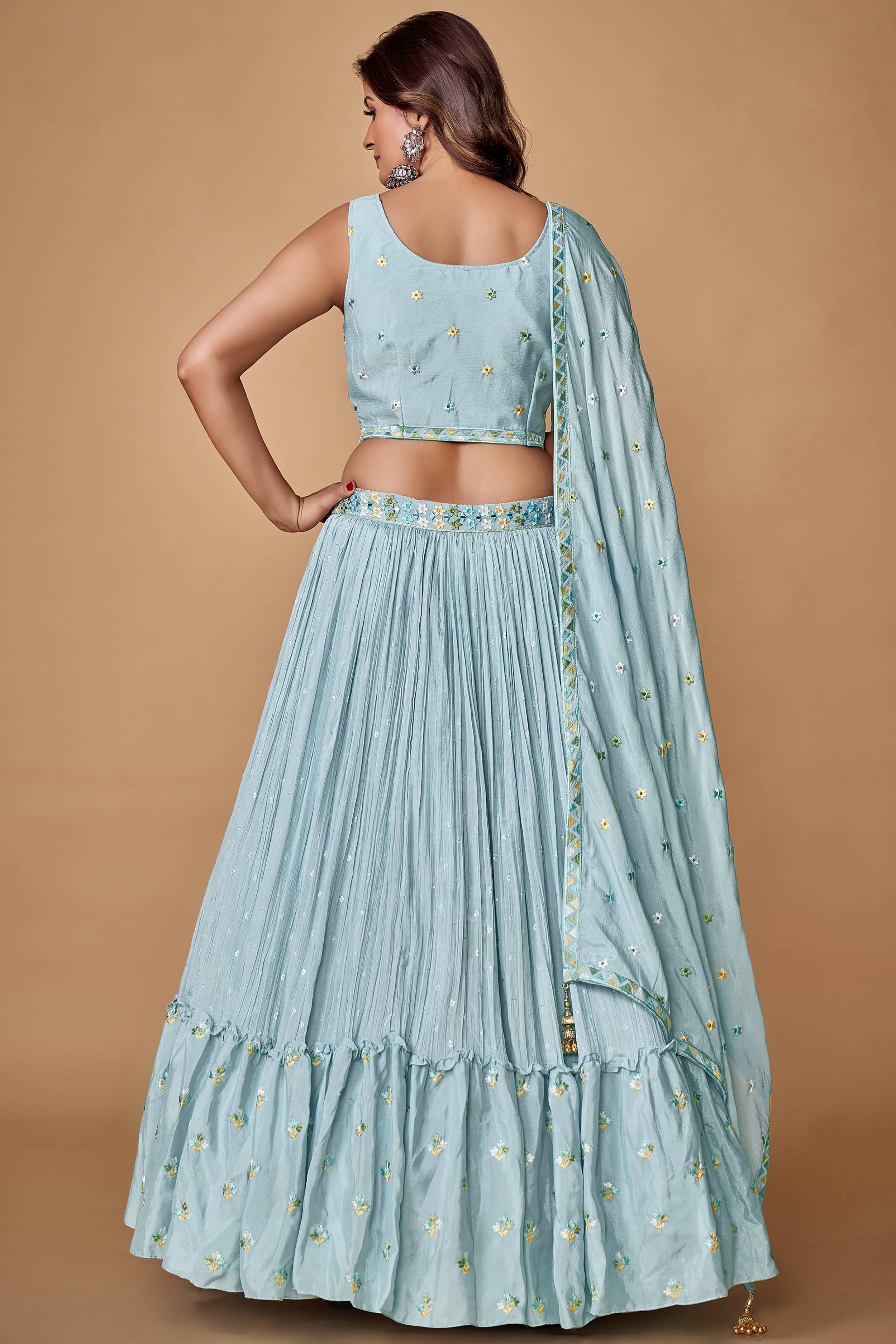 Powder Blue Thread Work Chiffon Silk Engagement Wear Lehenga Choli