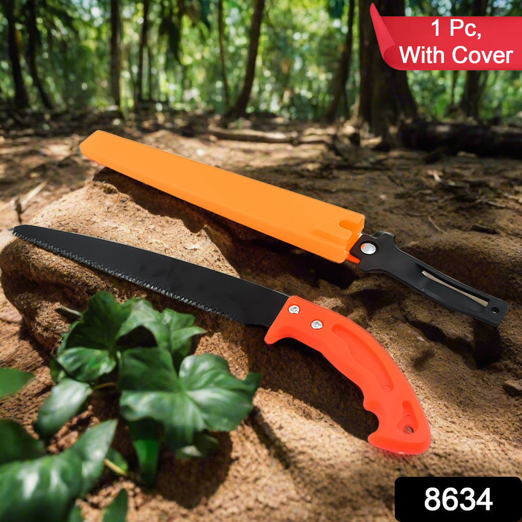 Curved hand pruning saw with orange handle and blade cover for efficient tree branch cutting.