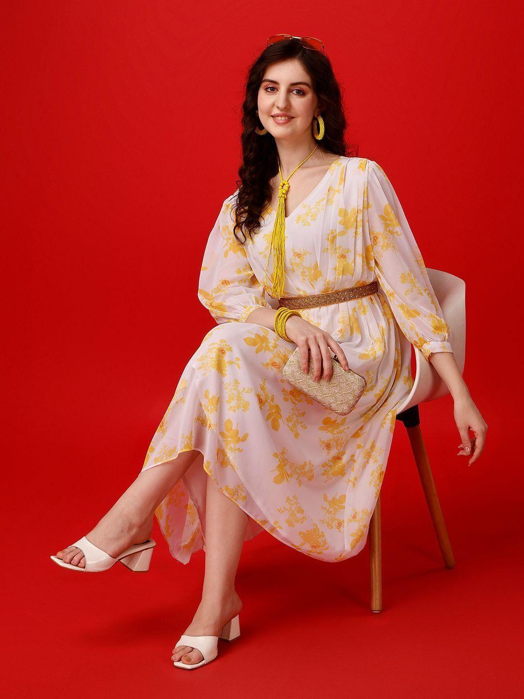 Georgette Printed Flared Midi Dress for Women - Plus Size in Yellow