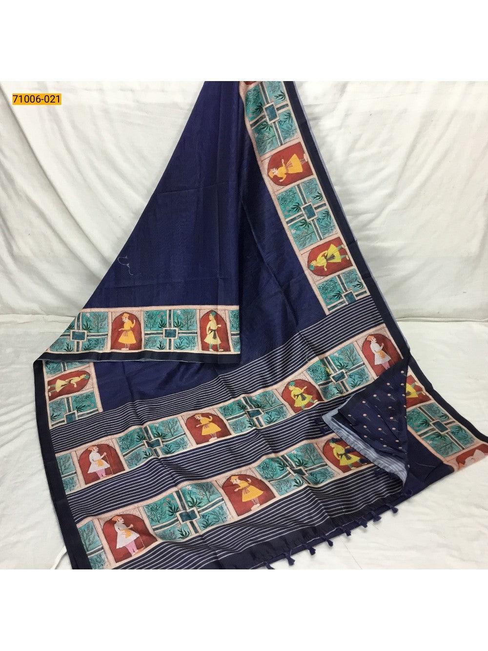 Blue Kalamkari Soft Linen Silk Saree