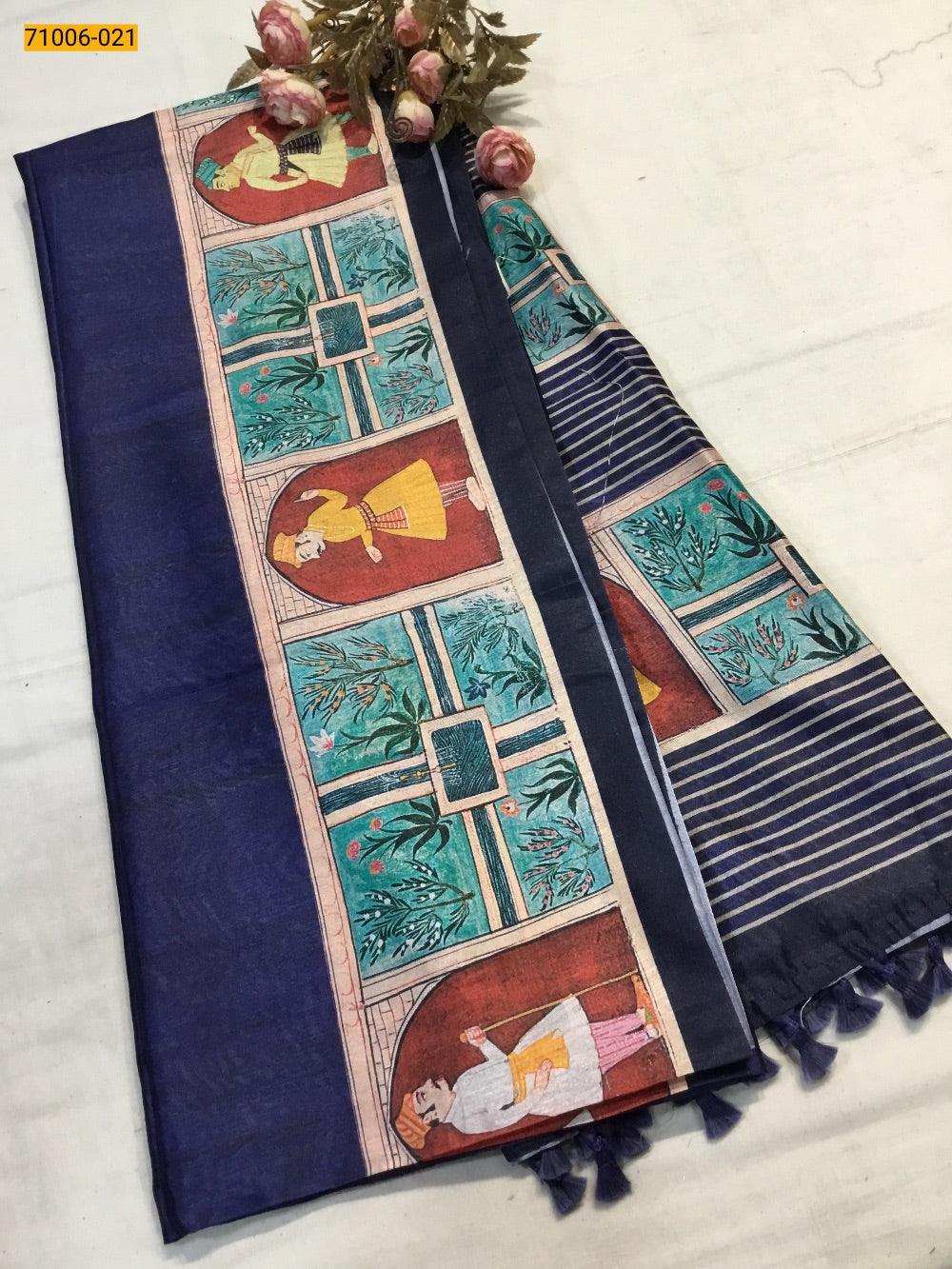 Blue Kalamkari Soft Linen Silk Saree