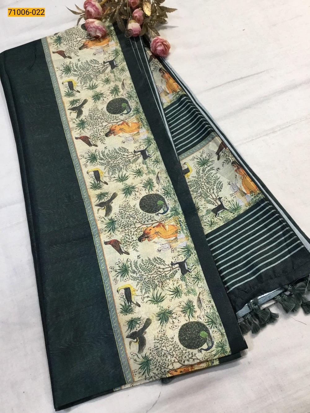 Green Kalamkari Soft Linen Silk Saree - TREND BUY