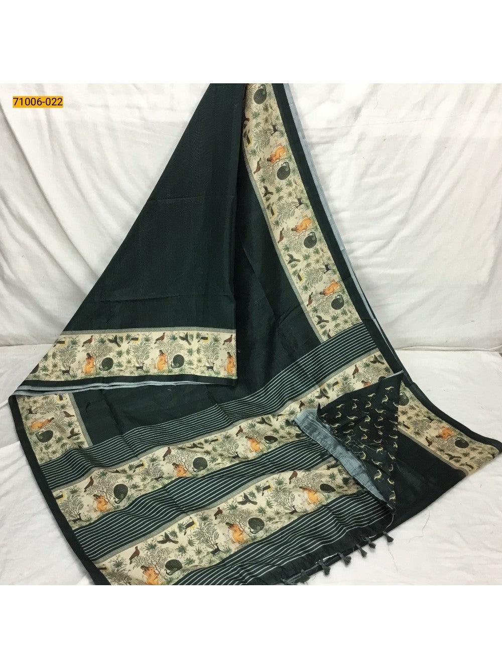Green Kalamkari Soft Linen Silk Saree - TREND BUY