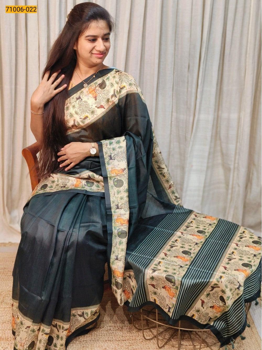 Green Kalamkari Soft Linen Silk Saree - TREND BUY