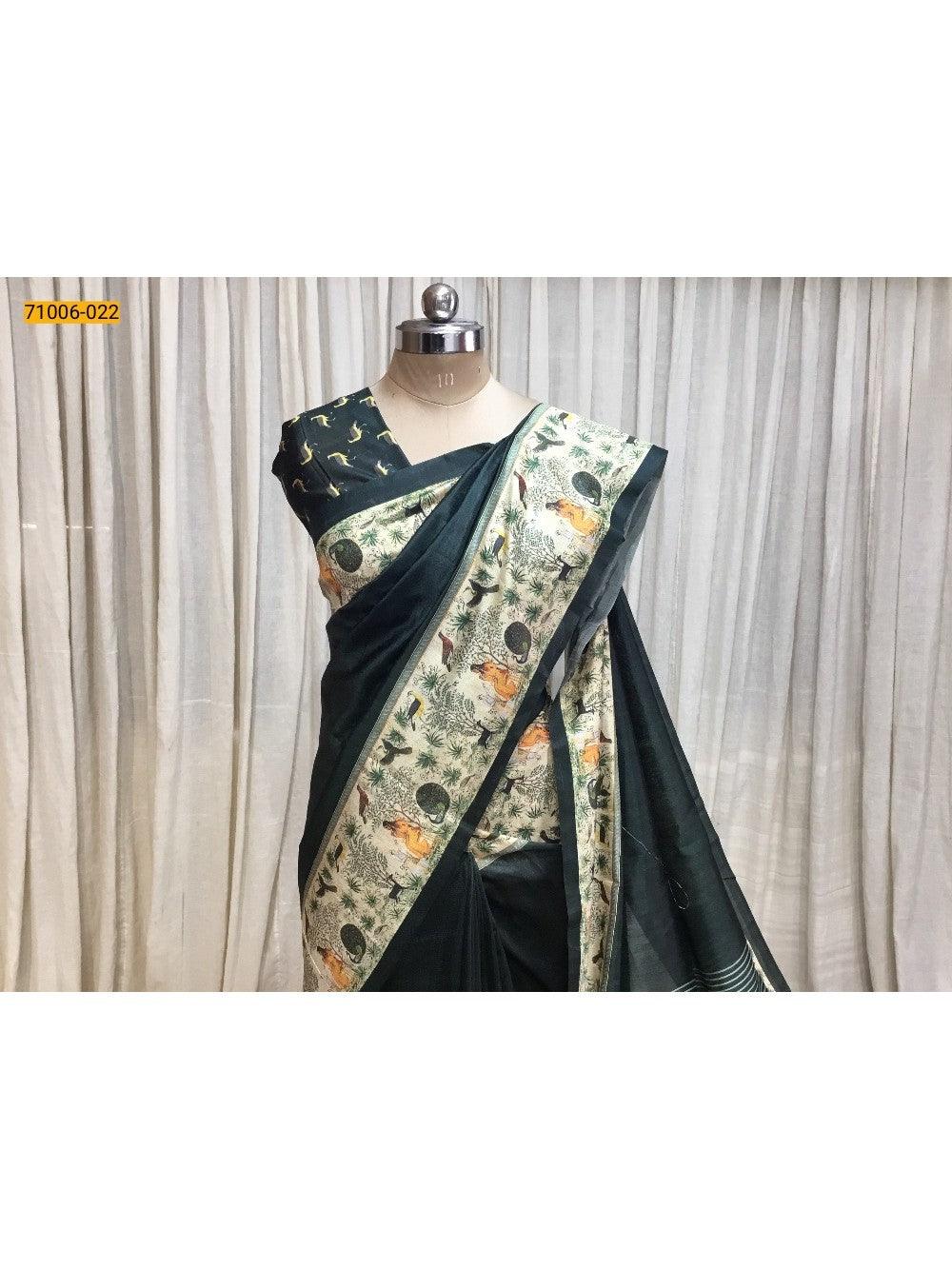 Green Kalamkari Soft Linen Silk Saree - TREND BUY