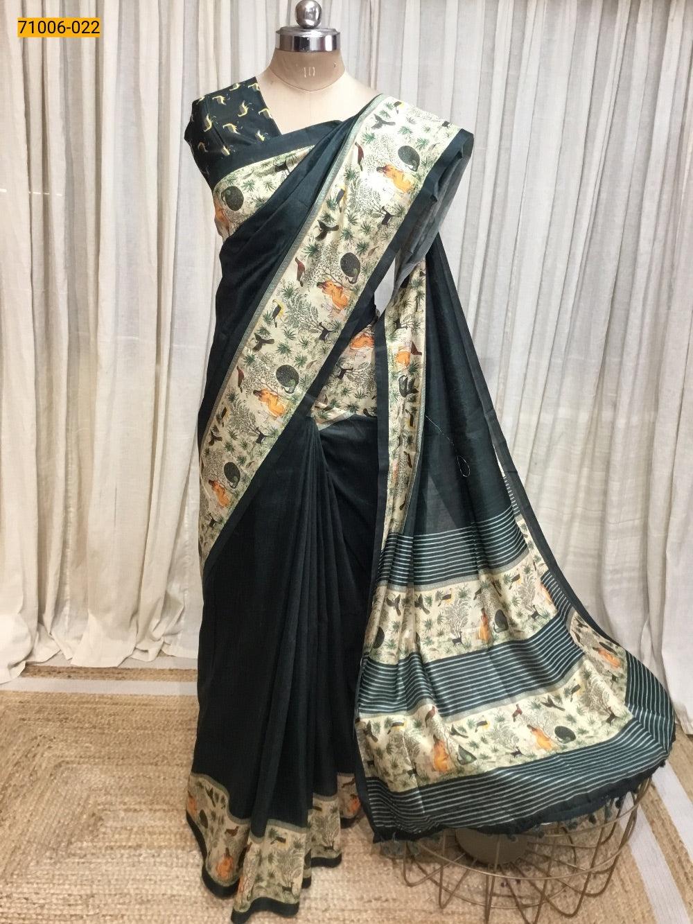 Green Kalamkari Soft Linen Silk Saree - TREND BUY