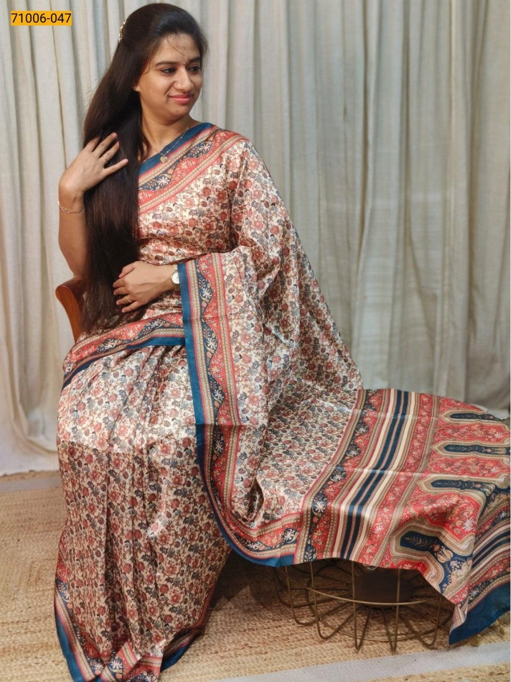 Cream Kalamkari Soft Linen Silk Saree - TREND BUY
