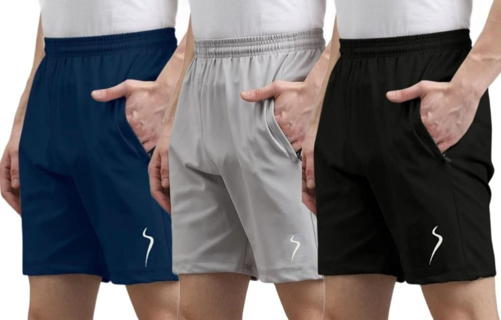 Combo of 3 men's cotton polyester shorts in blue, grey, and black
