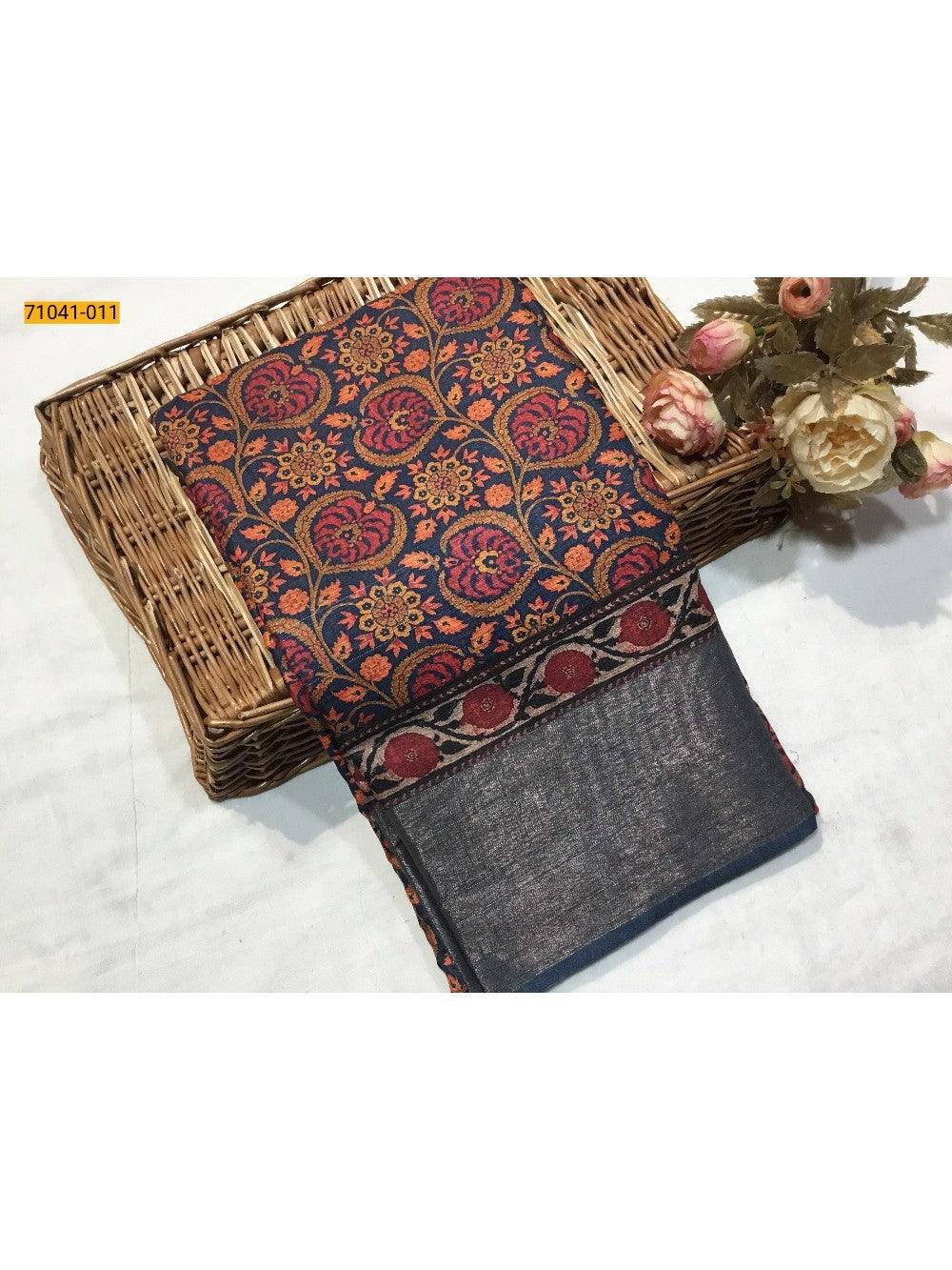 Navy Blue Mulmul Linen Silk saree - TREND BUY
