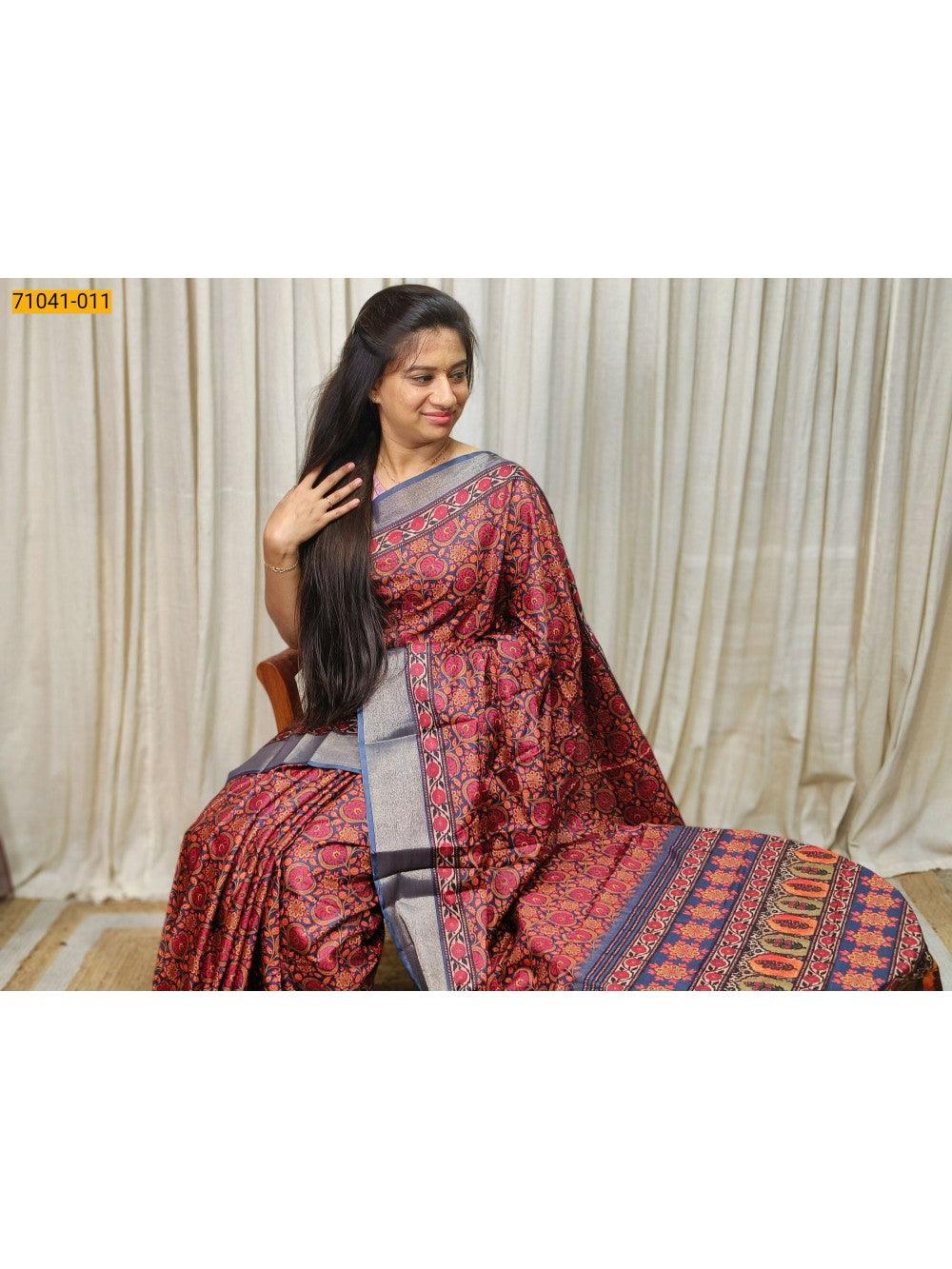 Navy Blue Mulmul Linen Silk saree - TREND BUY