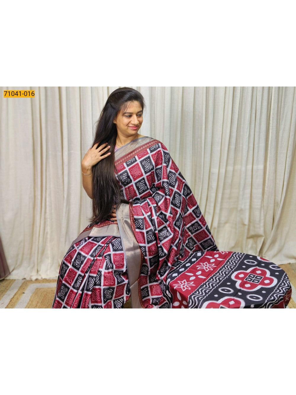 Red With Black Mulmul Linen Silk saree - TREND BUY
